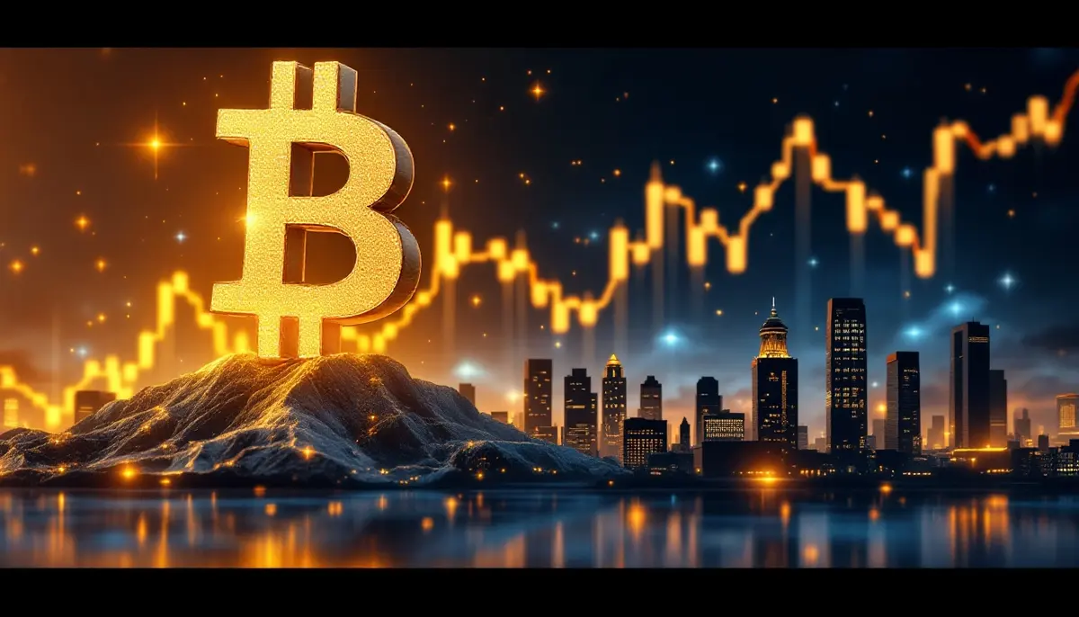 上昇するビットコインシンボルと金融チャート、機関投資家のビルのシルエット