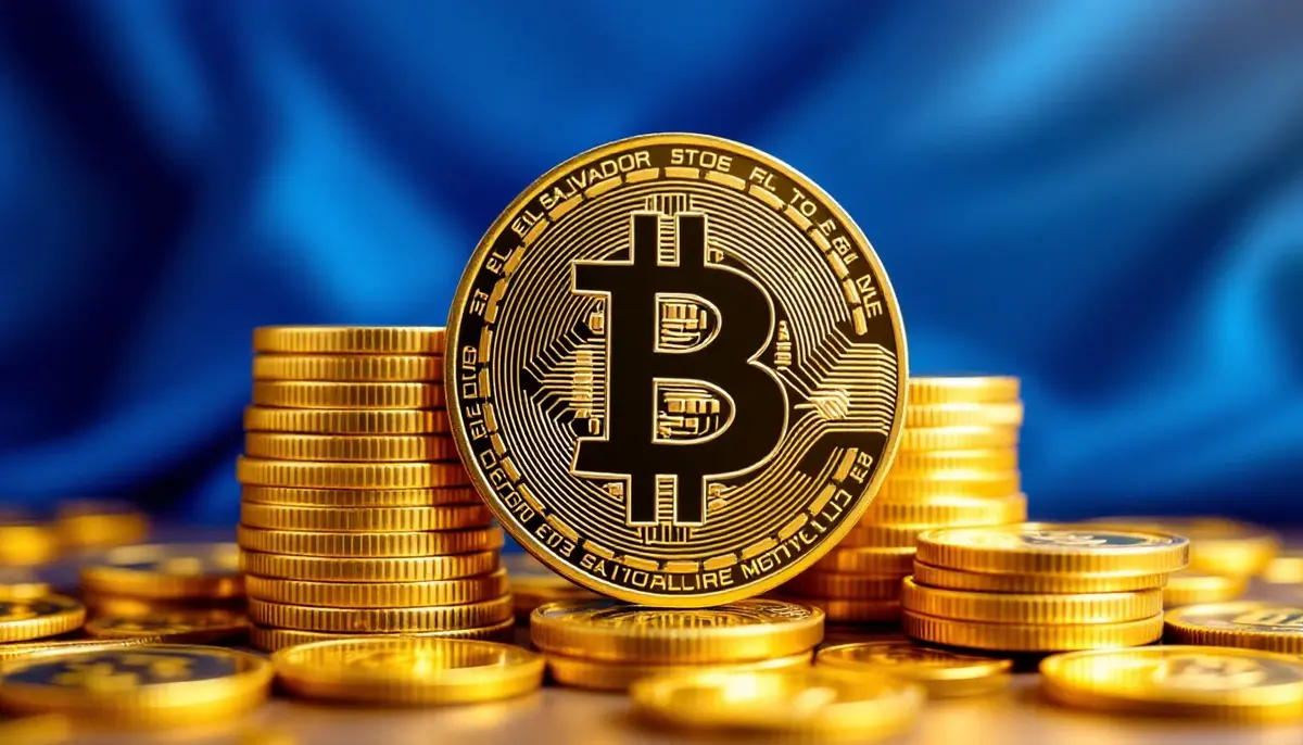 エルサルバドル国旗の色彩を背景にしたビットコインコインの積み重ね