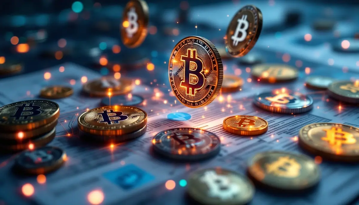 Digital cryptocurrency coins floating above regulatory documents with global network connections