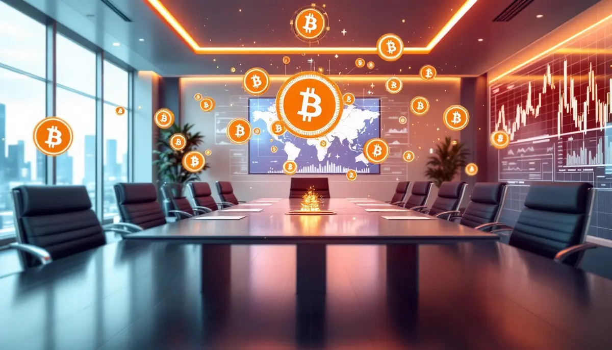 企業の会議室で仮想通貨投資について議論する様子を表現したイメージ