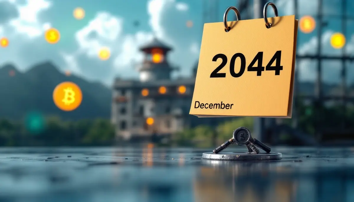 2044年12月のカレンダーと暗号資産のシンボルが描かれた刑務所施設