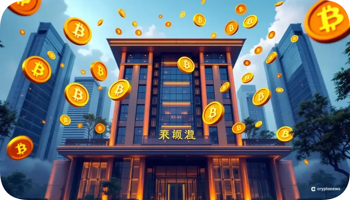 企業の仮想通貨戦略を表現するビジネスビルとビットコインのイメージ