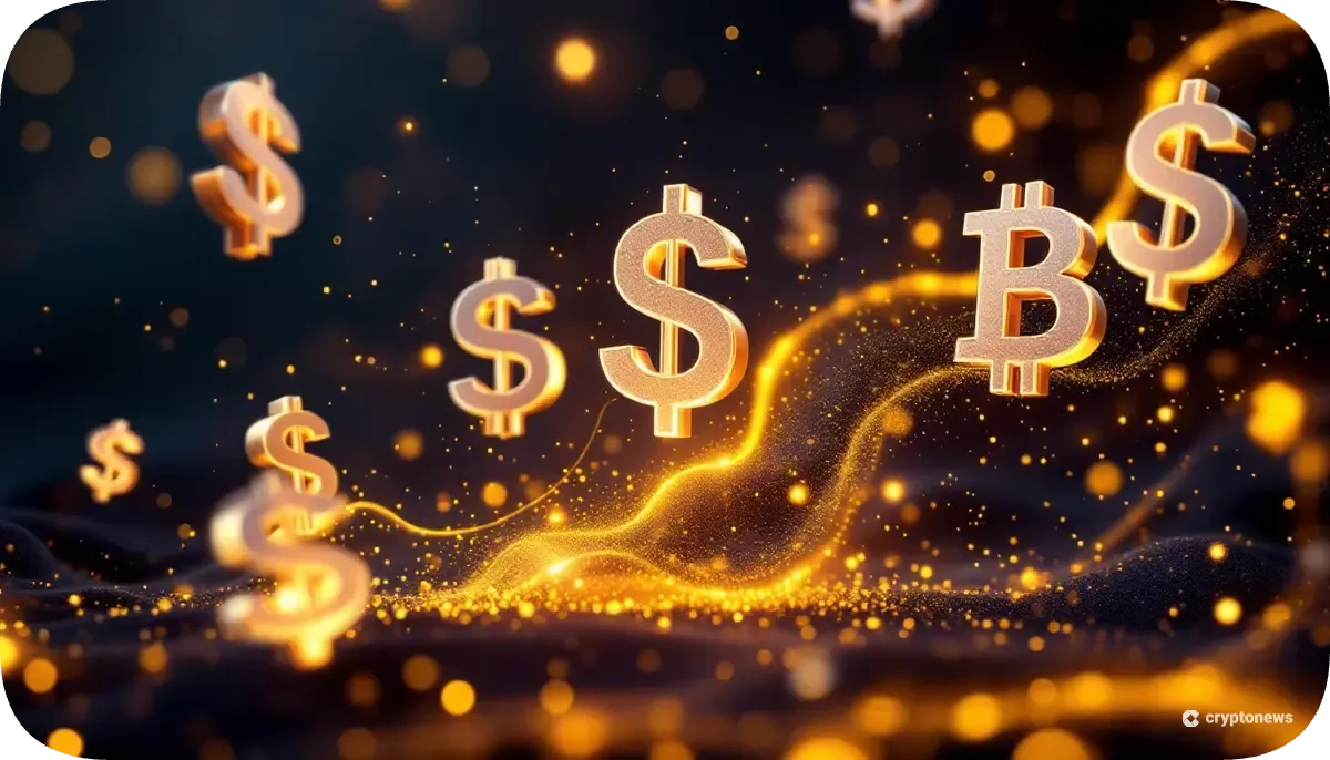 上昇するデジタル通貨のシンボルと投資流入を表現するゴールドの光