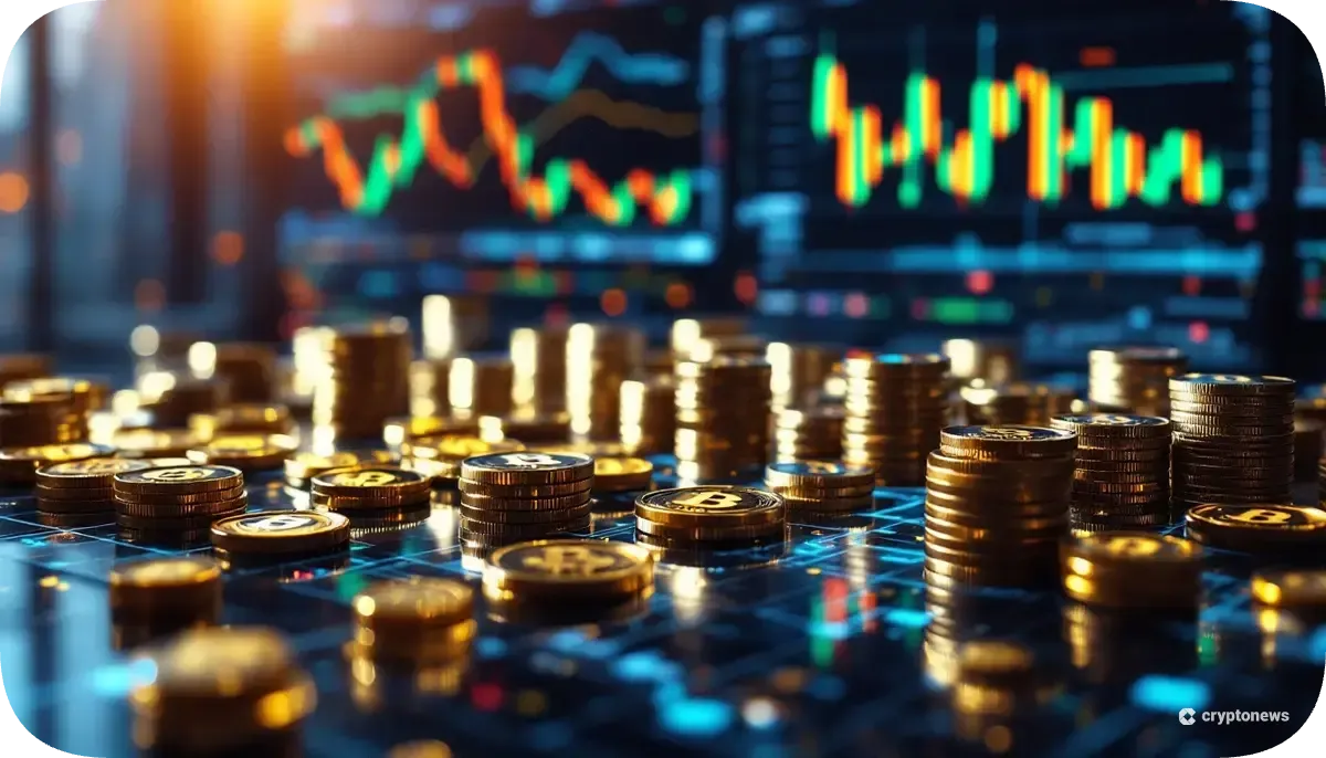 ビットコインチャートを分析する企業幹部と金融オフィスの様子