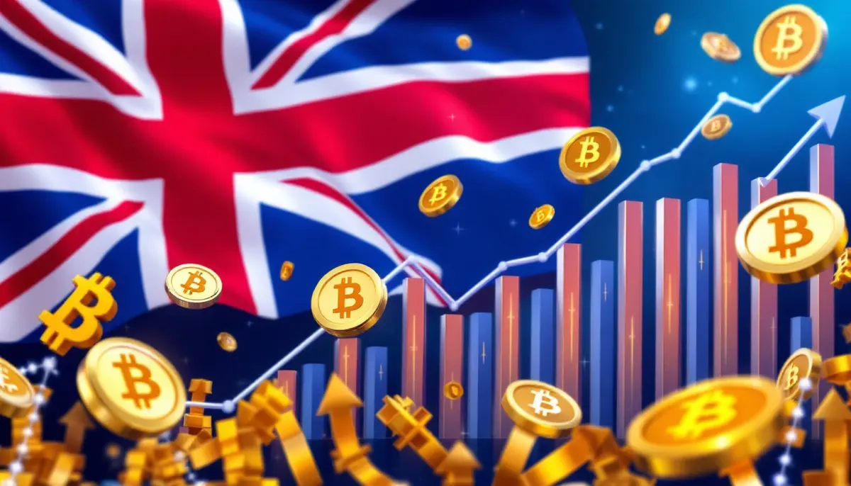 英国旗と上昇する仮想通貨チャートのイメージ