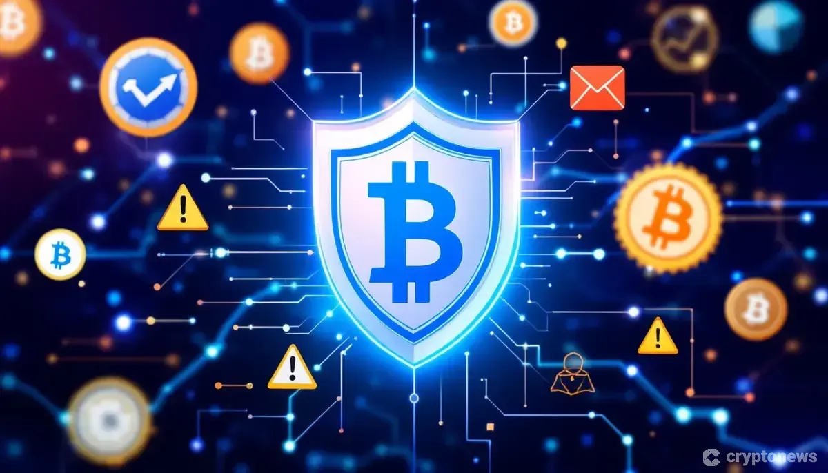 ビットコインを守るデジタルセキュリティシールドと警告サインのイメージ