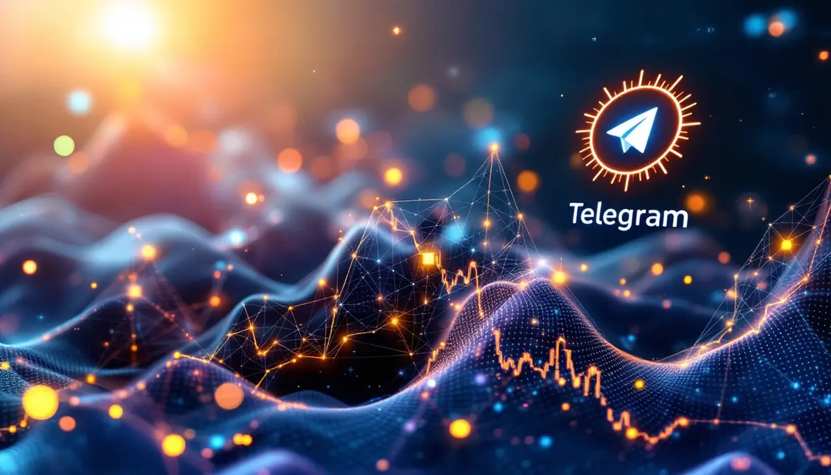 上昇する仮想通貨チャートとテレグラムロゴ、AI技術の融合を表現