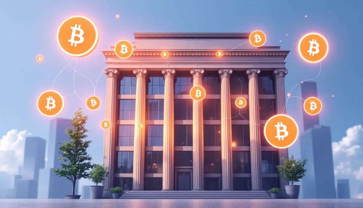 企業のビットコイン戦略を表現するオフィスビルとデジタル通貨のイメージ