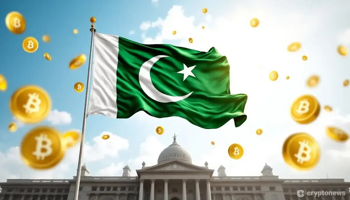 パキスタンの国旗とビットコインシンボルが描かれた政府建物のイメージ