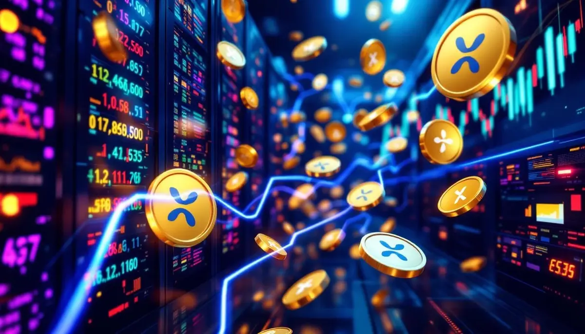 データセンターサーバーを通じて流れるXRPトークンと金融チャートのイメージ