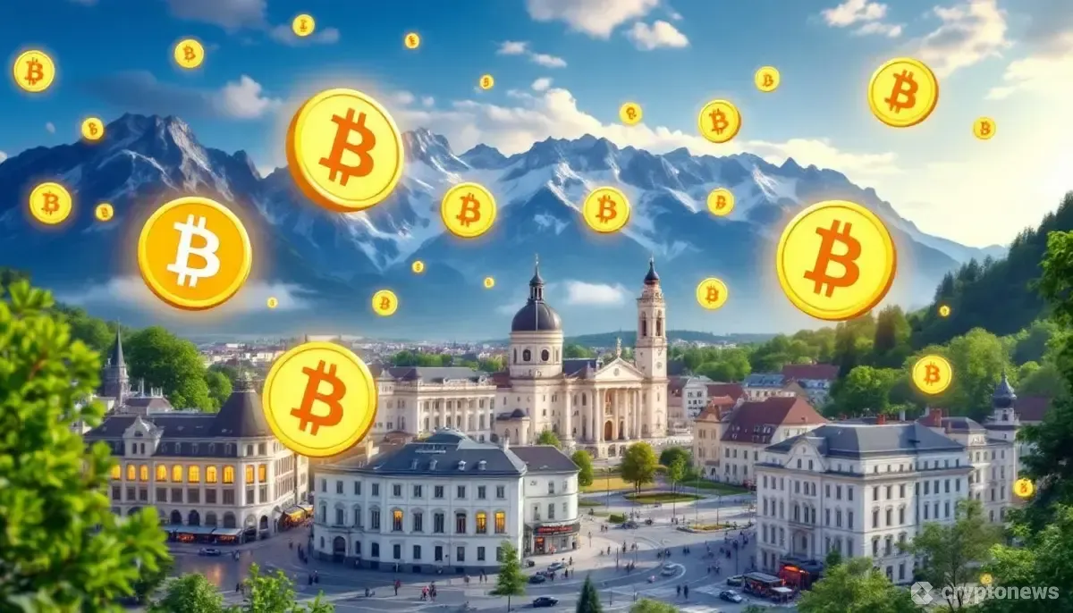 オーストリアの金融街と仮想通貨のシンボルを表現した未来的なイメージ