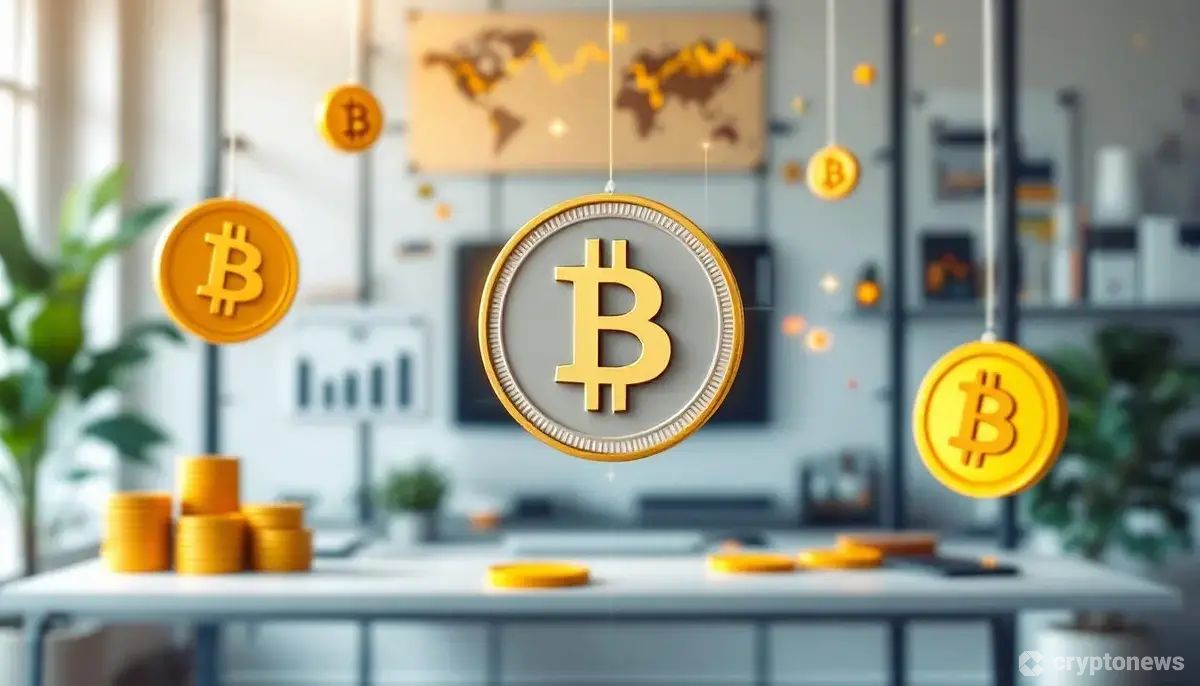ビットコインシンボルと金融チャートが背景にあるブラジルのフィンテック企業オフィス