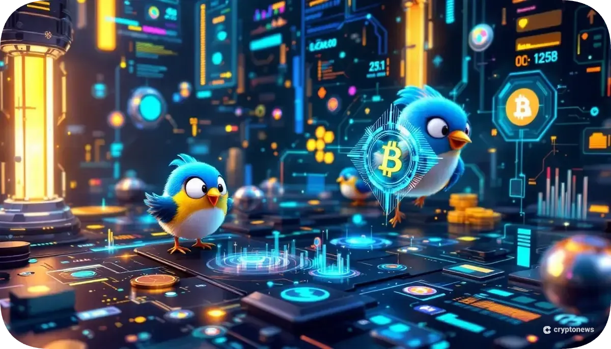 ブロックチェーンゲーム環境でデジタル鳥キャラクターが表示される未来的なインターフェース