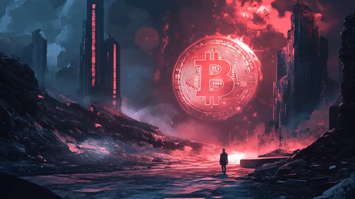 赤色の大きなビットコイン球が浮かぶ世界線