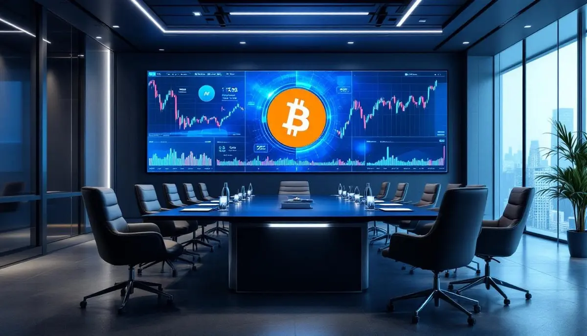 企業の会議室でビットコインチャートとMetaロゴが表示されたデジタルスクリーン