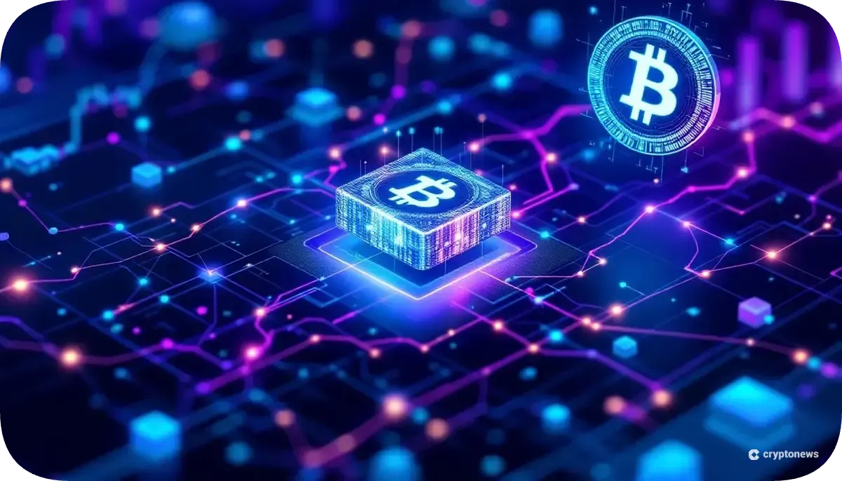 デジタル取引プラットフォームとブロックチェーンネットワークを表現した未来的なインターフェース