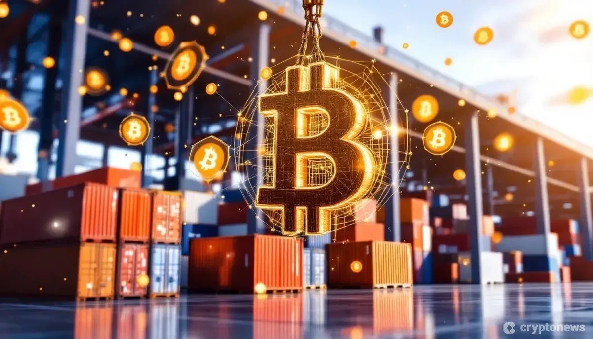 デジタルビットコインシンボルが浮かぶ現代的な物流倉庫