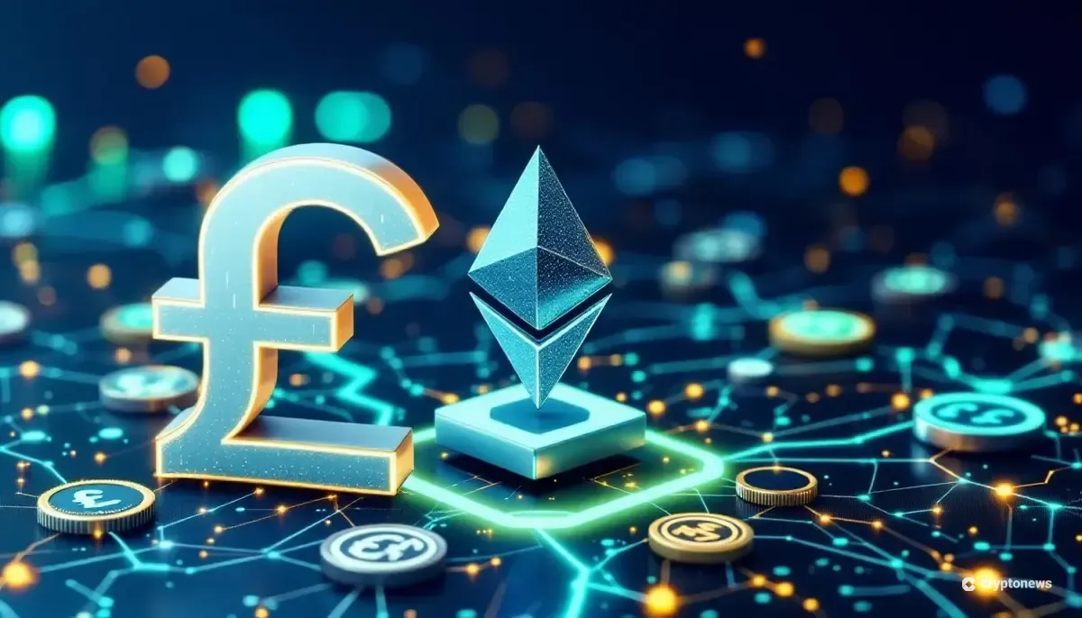 イーサリアムブロックチェーン上に浮かぶデジタル英ポンド記号と規制準拠バッジ
