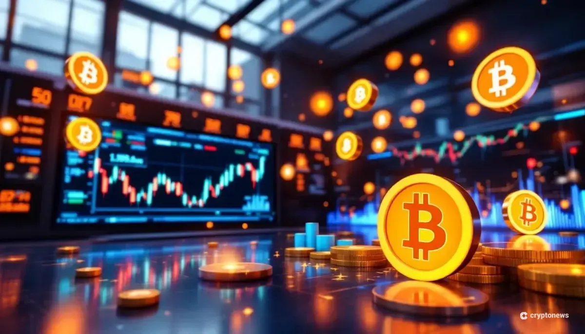 ビットコインシンボルとデジタル表示画面を背景にした現代的な証券取引所のフロア
