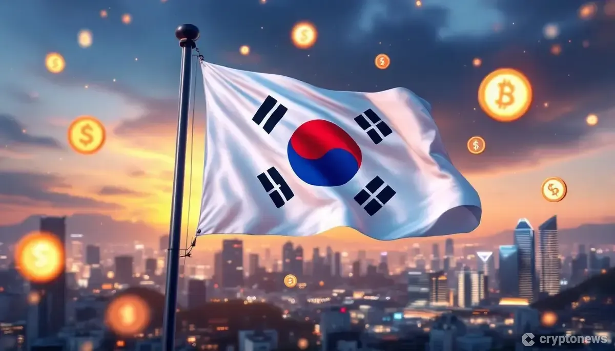 韓国国旗とデジタル通貨シンボルが描かれた未来的な都市景観