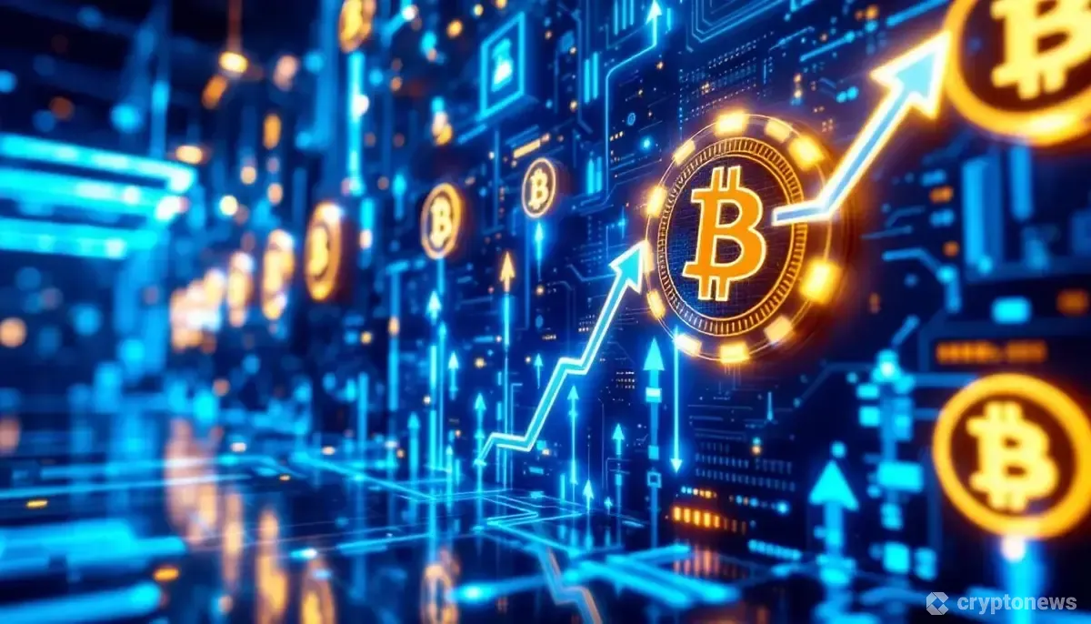 ビットコインマイニング施設のデジタル表現と上昇トレンドを示すグラフィック