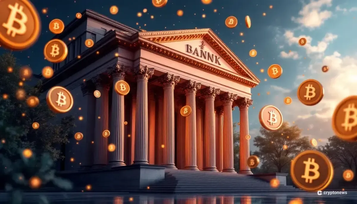 仮想通貨統合を表現する現代的な銀行建物