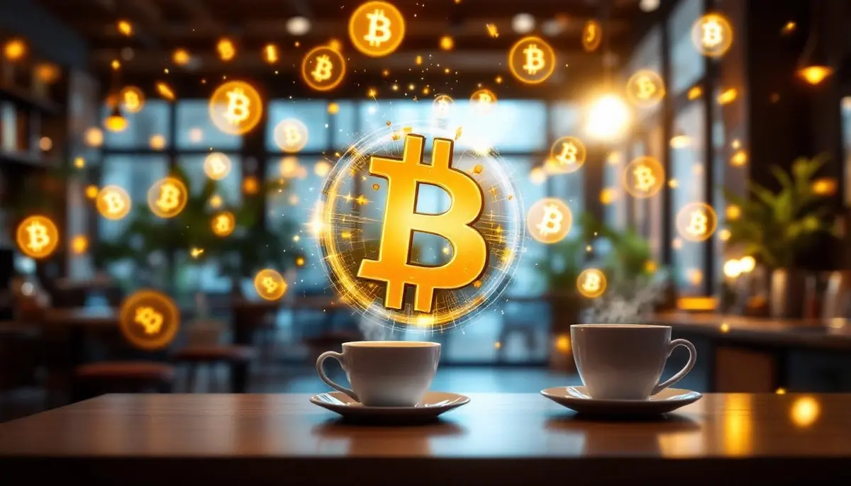デジタルビットコインシンボルが浮かぶモダンなコーヒーショップの内装