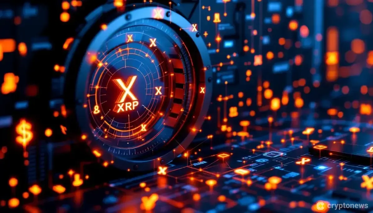 XRPシンボルが光る企業向けデジタル金庫とブロックチェーンネットワーク