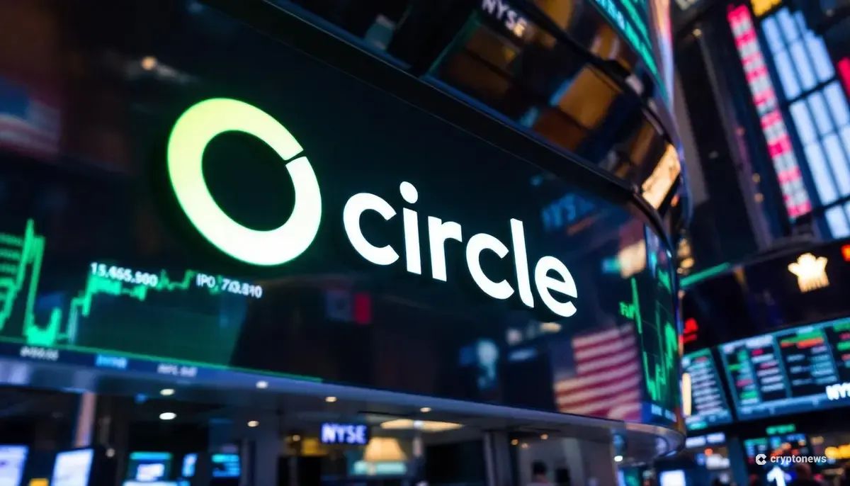 ニューヨーク証券取引所でのCircle上場セレモニーと株価上昇を示すチャート