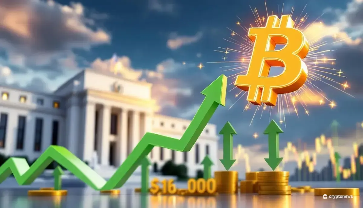 ビットコインの価格上昇を表現した金融チャートと米連邦準備制度理事会のイメージ