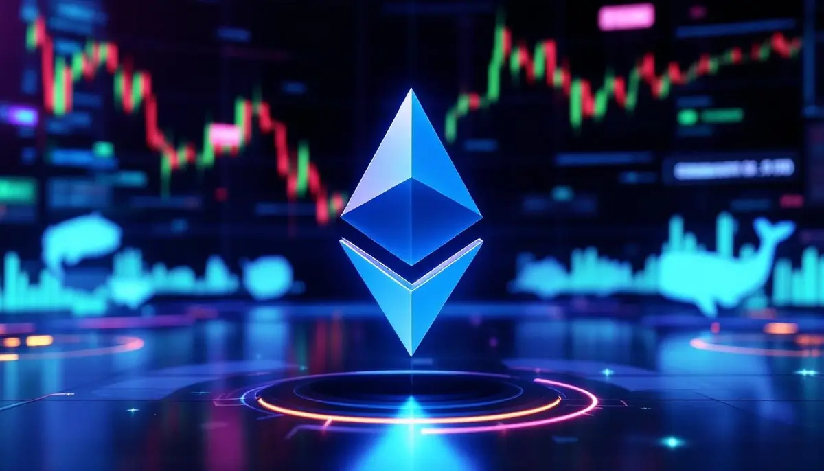 イーサリアムのロゴと金融取引を表現したデジタル背景