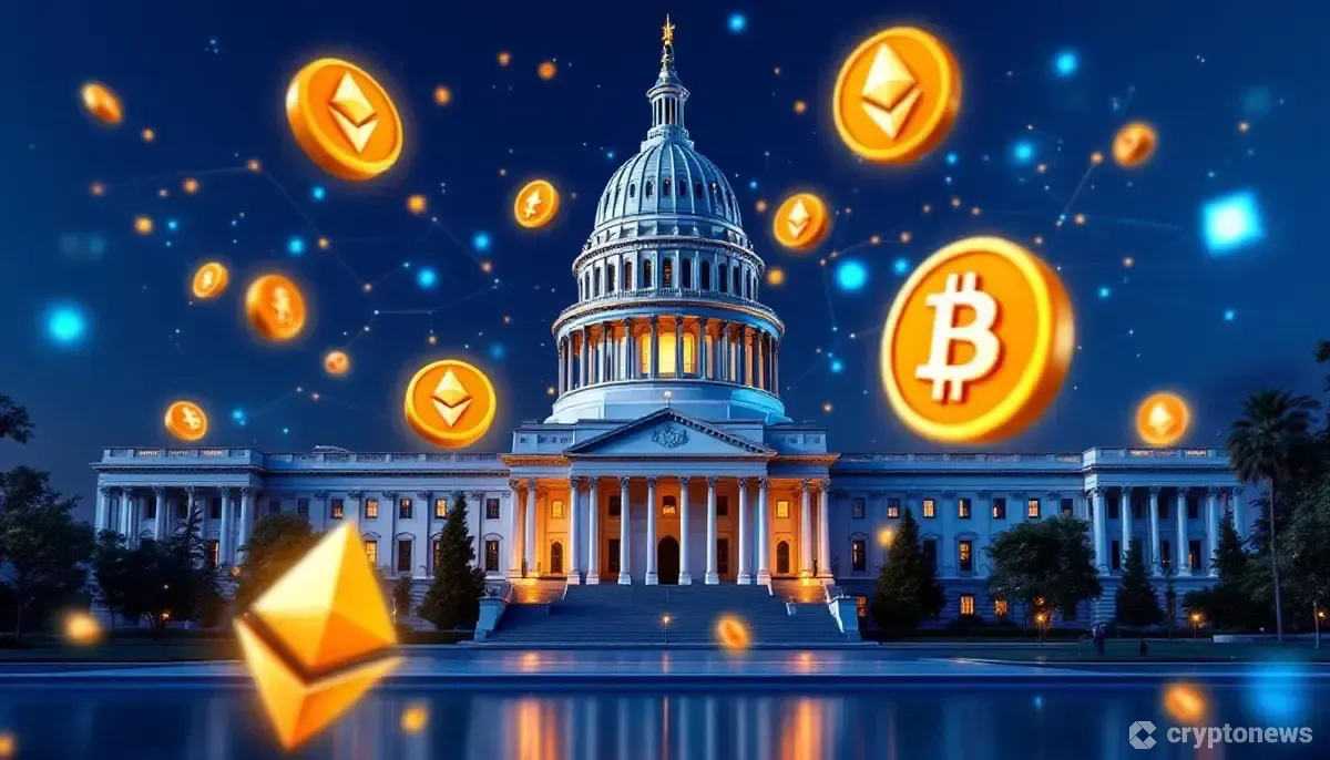 カリフォルニア州議事堂と仮想通貨シンボルを組み合わせた立法イメージ