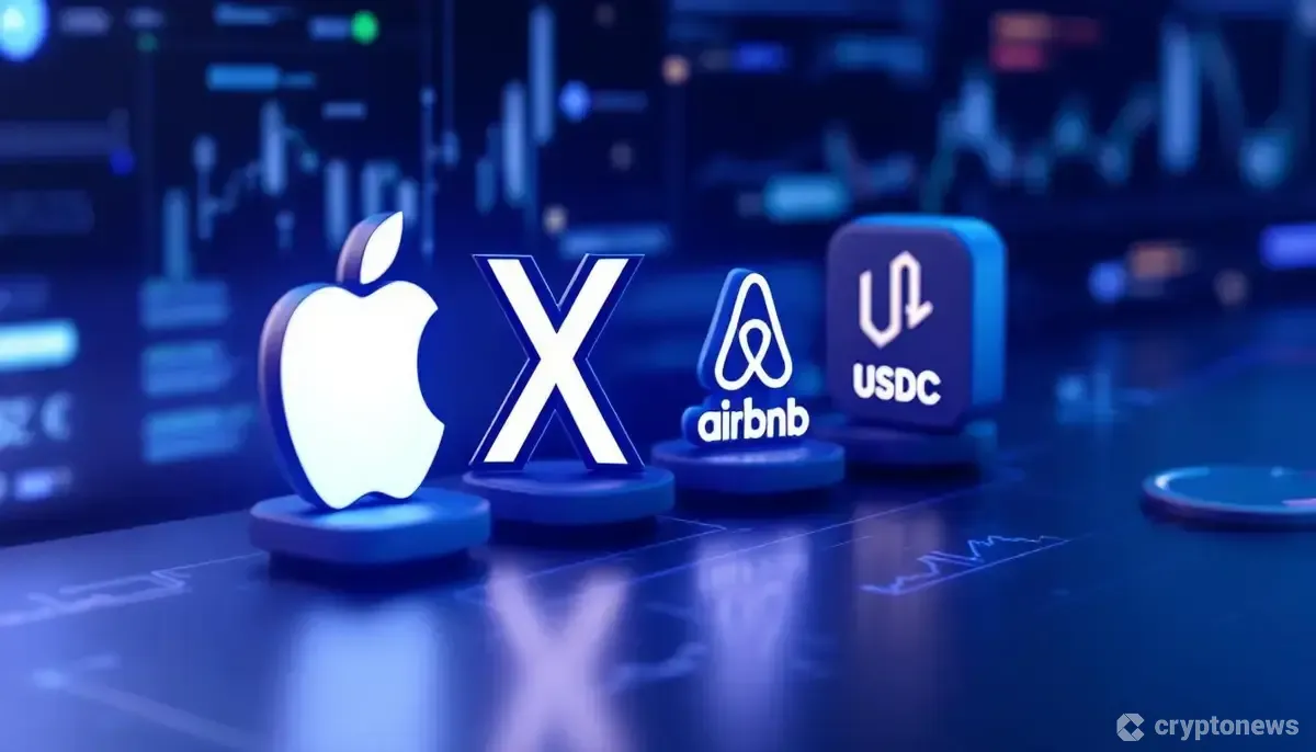 Apple、X、Airbnbのロゴとステーブルコインのシンボルが融合した未来的な画像。