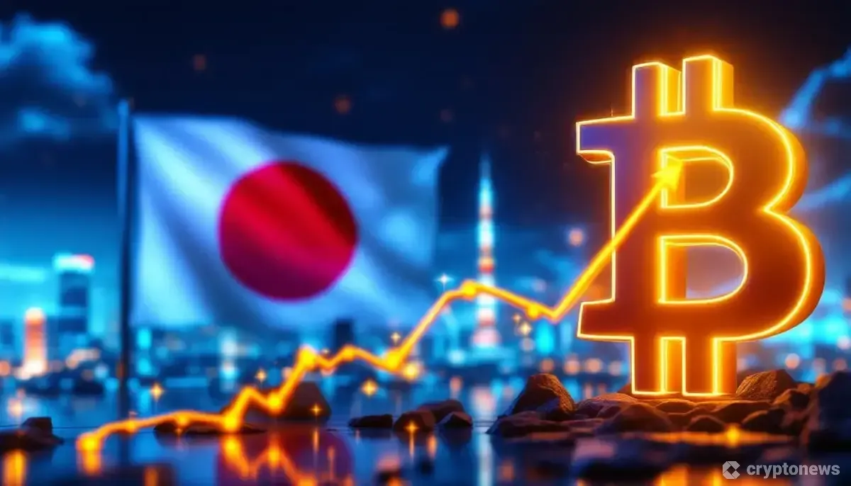 日本の国旗と東京の街並みを背景に輝くビットコインのシンボルと上昇するグラフ