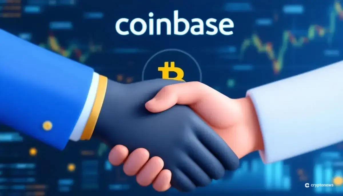 コインベースのロゴとビットコインのシンボルの前で握手する2つの手。法的な和解を象徴している