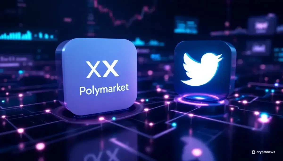 ポリマーケットとX(旧ツイッター)のロゴがデータで結ばれ、提携を象徴する未来的なイラスト