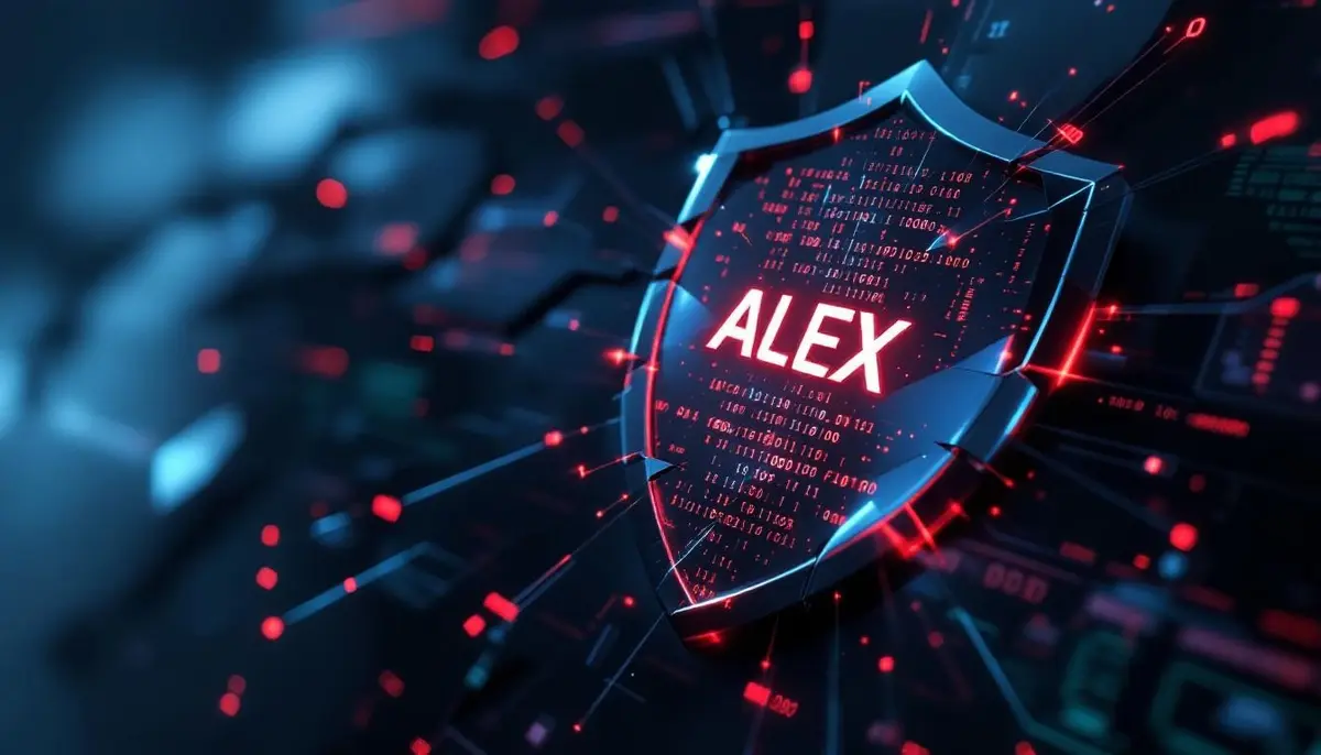 ハッキング被害を受けたALEXプロトコルのロゴと、セキュリティ侵害を示すデジタルな亀裂