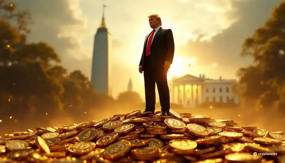 トランプ氏のシルエットと仮想通貨のコインの山