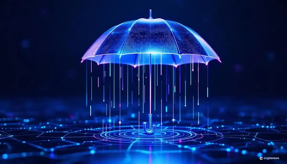 Aaveのロゴをデジタルな雨から守る未来的な傘のイラスト