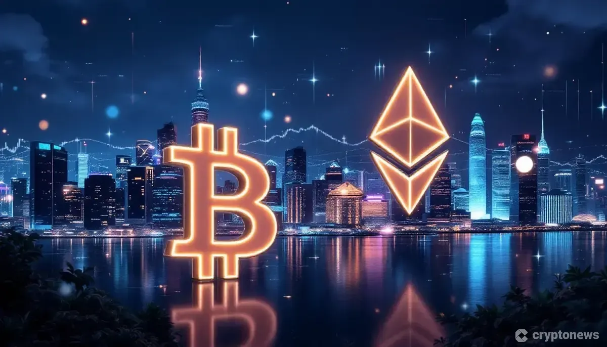 香港の夜景を背景に、ビットコインとイーサリアムのシンボルが浮かぶ未来的な金融都市のイメージ