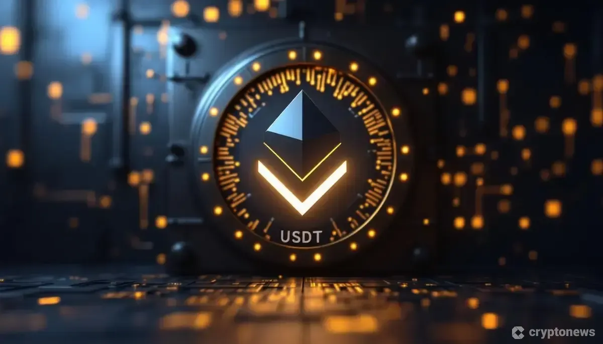 テザーのロゴと金やビットコインを模した金庫。安定性と金融的な強さを表現。