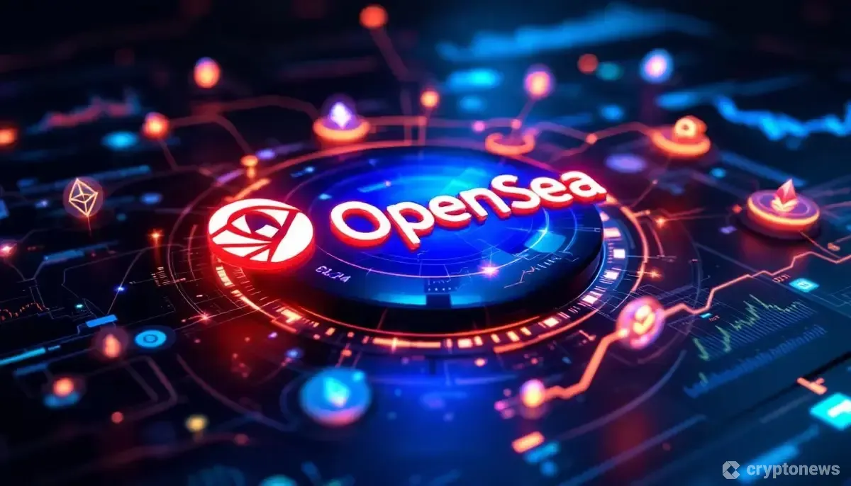 OpenSeaのロゴを中心に複数のブロックチェーンシンボルが周回する、クロスチェーン機能を表現した未来的なイメージ。