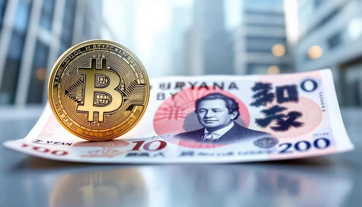 日本円とビットコインのシンボルが並ぶ、企業の仮想通貨投資戦略を象徴する画像