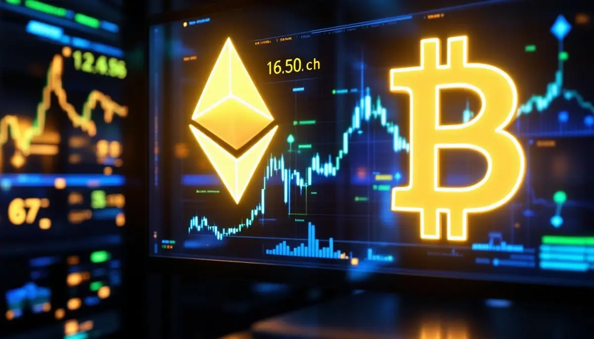 デジタル資産への投資を示す上向きの金融グラフと仮想通貨のシンボル