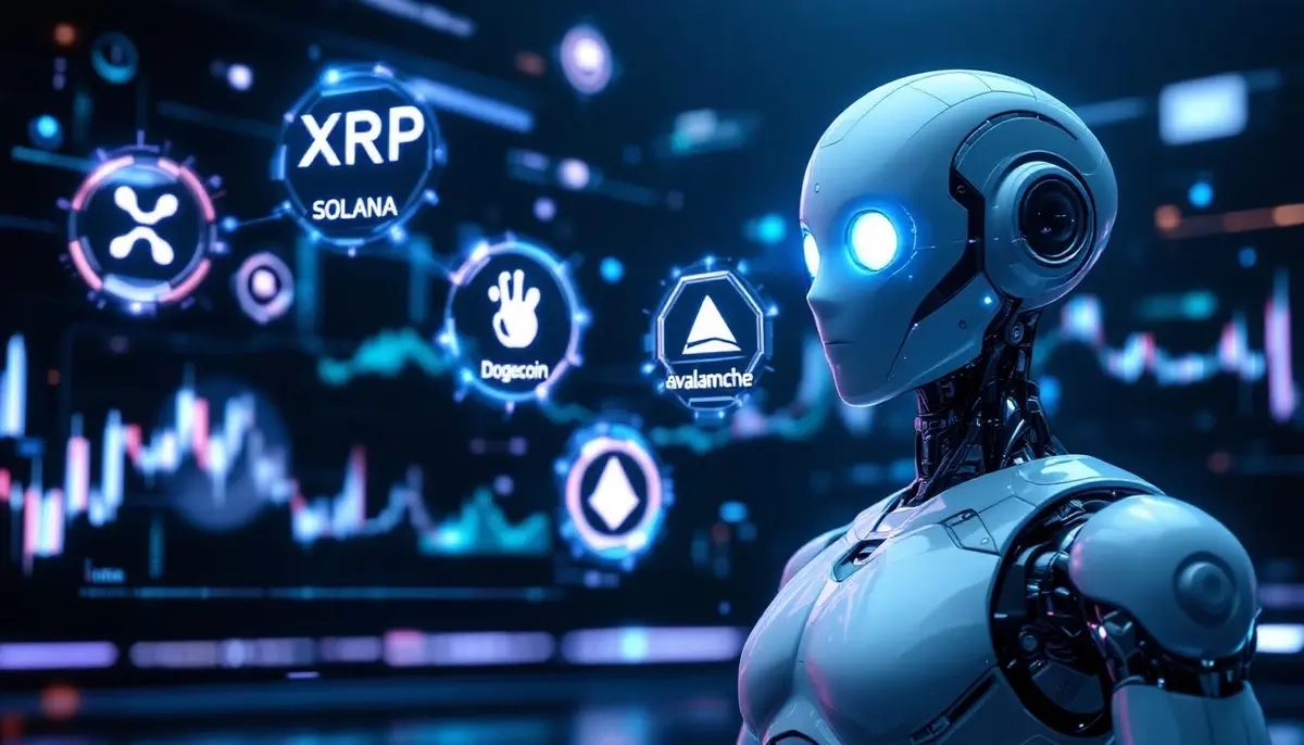 AIが将来性の高い仮想通貨を分析している様子の3Dイラスト