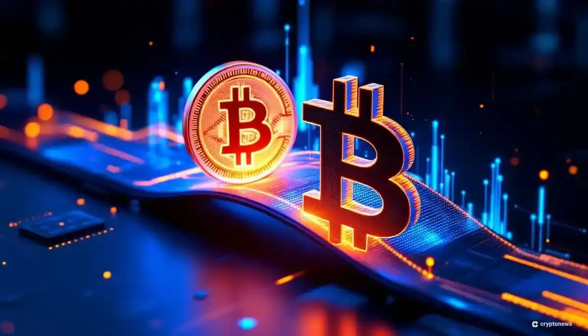 カルダノとビットコインのロゴが未来的なブリッジで繋がれている様子を示す3Dレンダリング画像