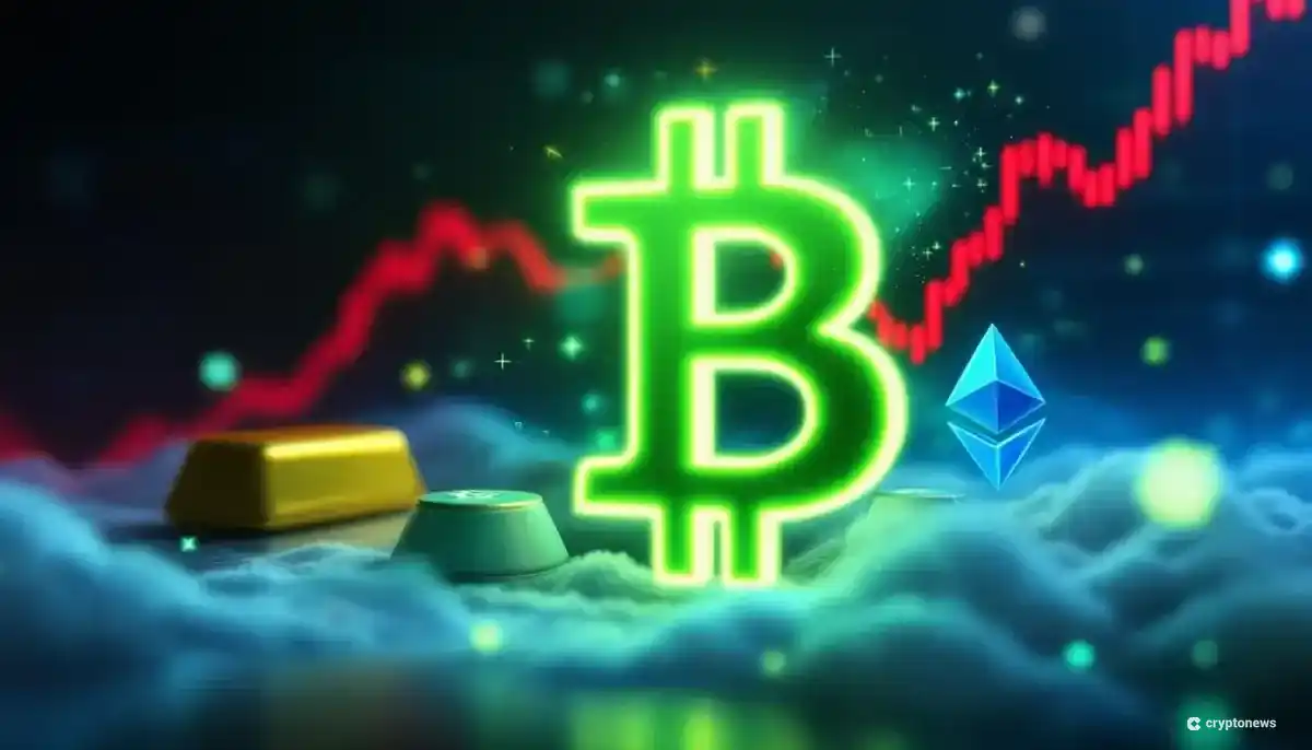 上昇するビットコインのシンボルと、下降する株式グラフや金(ゴールド)を対比させた未来的なイメージ