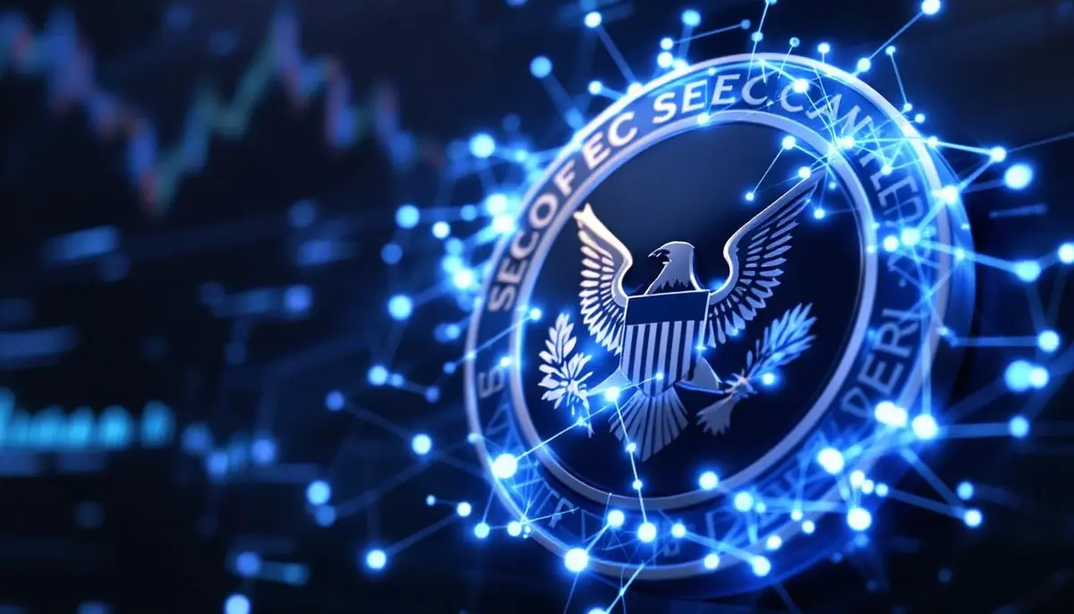 米証券取引委員会(SEC)の紋章と分散型金融(DeFi)のネットワークが融合する未来的なイメージ
