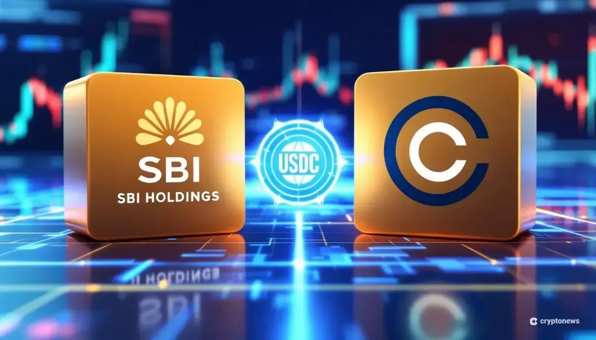 SBIとCircleのロゴが並び、中央にUSDCのシンボルが輝く未来的な金融テクノロジーのイメージ
