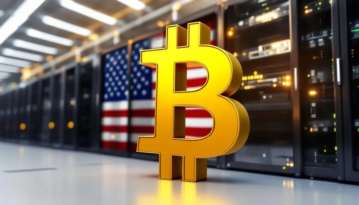 アメリカ国旗を背景に、データセンターのサーバーラックの前に置かれたビットコインのシンボル
